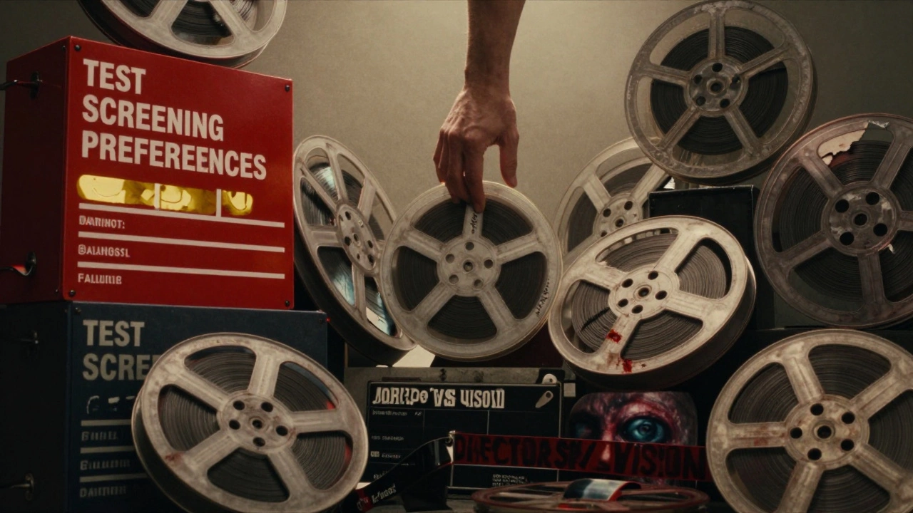 Film reels divided into sanitized theatrical versions and chaotic director’s cuts, one hand reaching for Snyder’s Justice League.