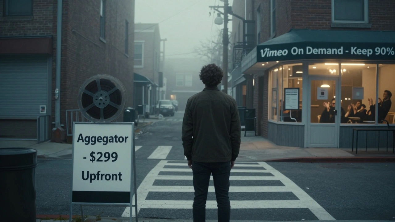 Filmmaker at a crossroads choosing between aggregator shortcut and self-distribution path.