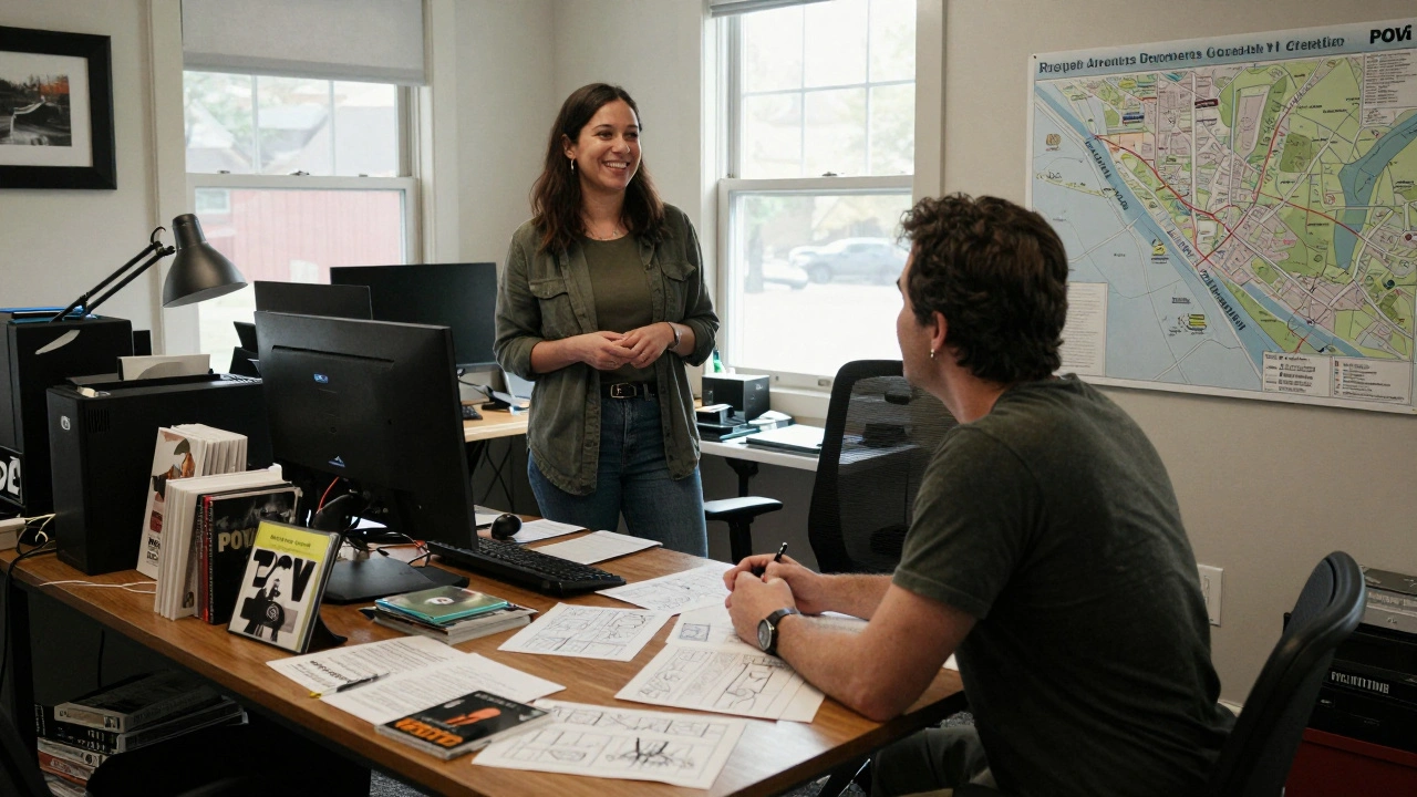 Filmmaker presenting a documentary pitch to a PBS producer in a cluttered office with storyboards and maps.