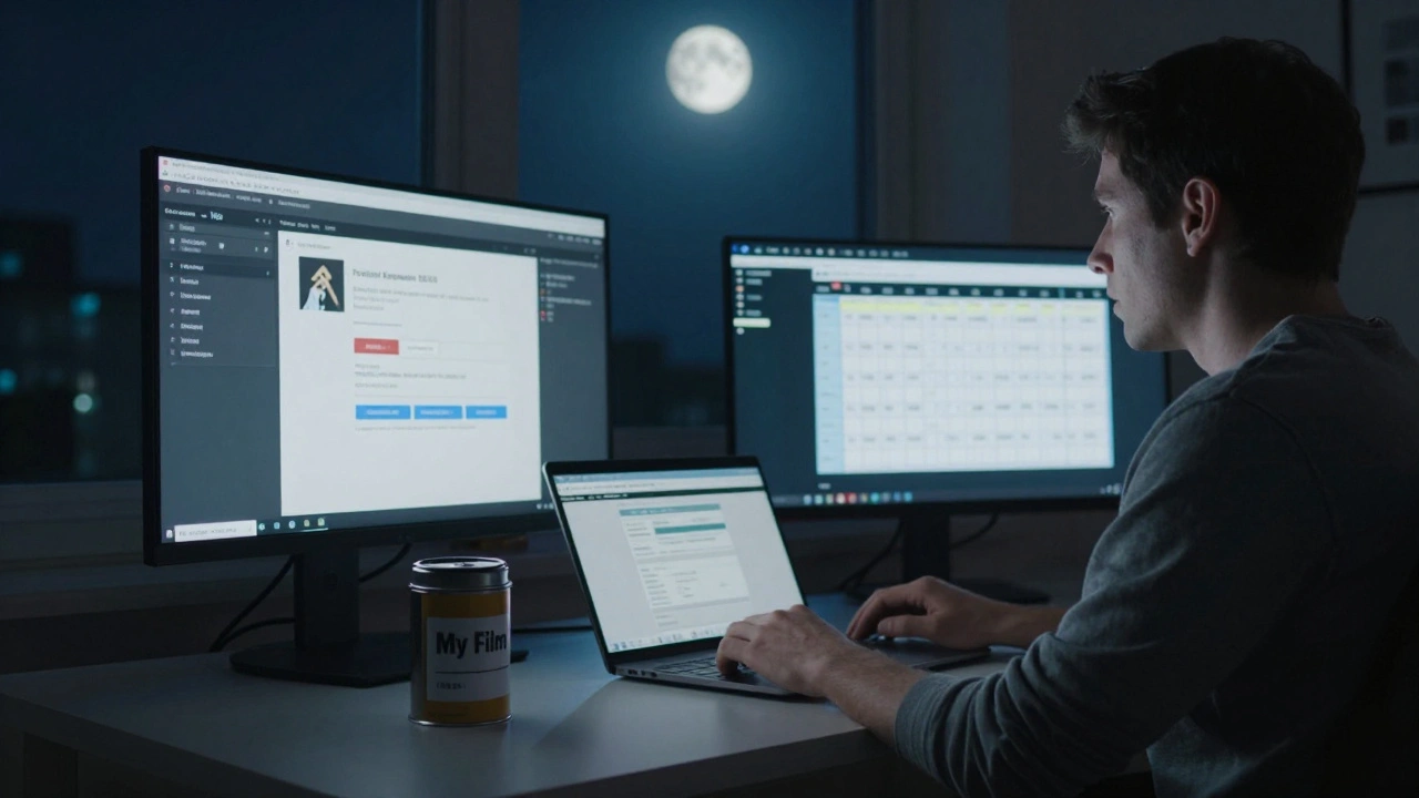 Filmmaker working late with screens showing VOD stats and repayment calendar