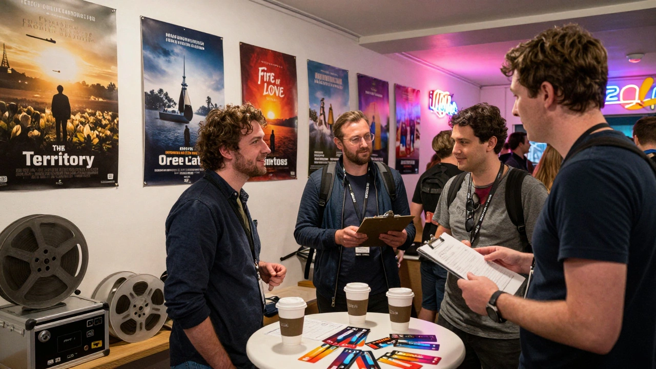 Filmmakers and distributors meeting in a lively festival lobby surrounded by documentary posters and film reels.