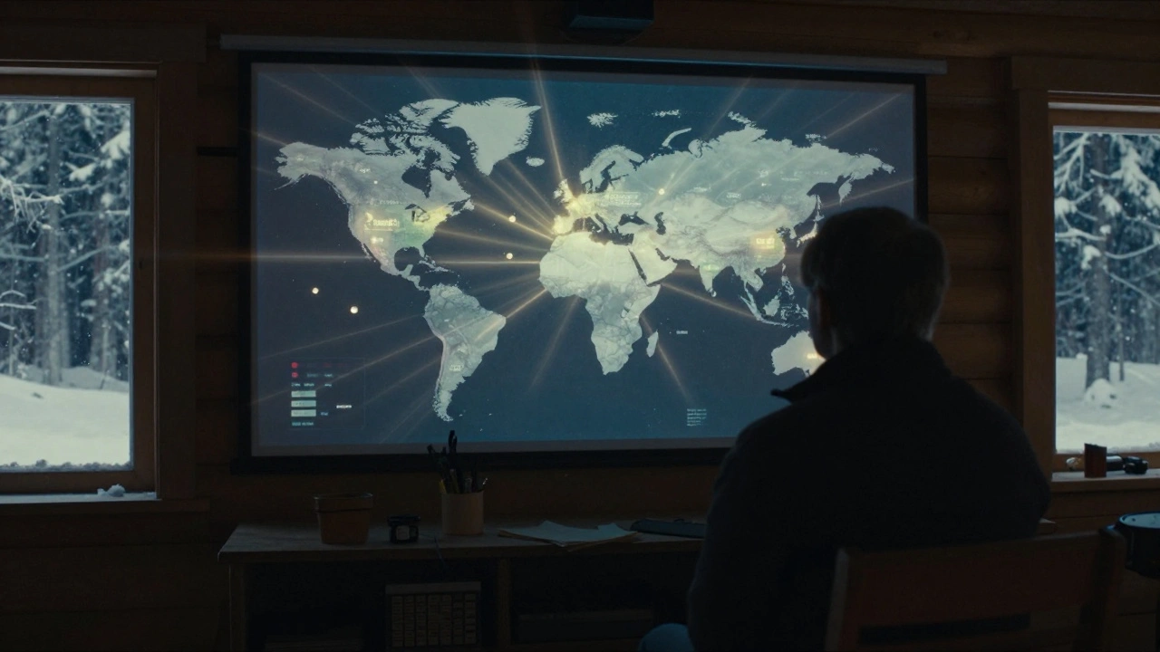 Finnish filmmaker watching a global release map of their film on a screen at night