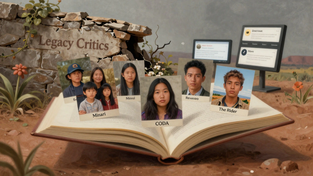 Floating book with portraits of underrepresented critics emerging from films they reviewed.