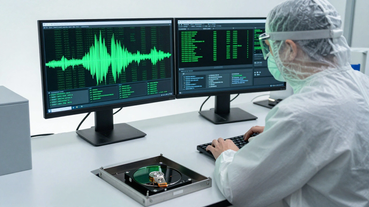 Forensic analyst altering voice patterns and analyzing metadata in a secure lab.