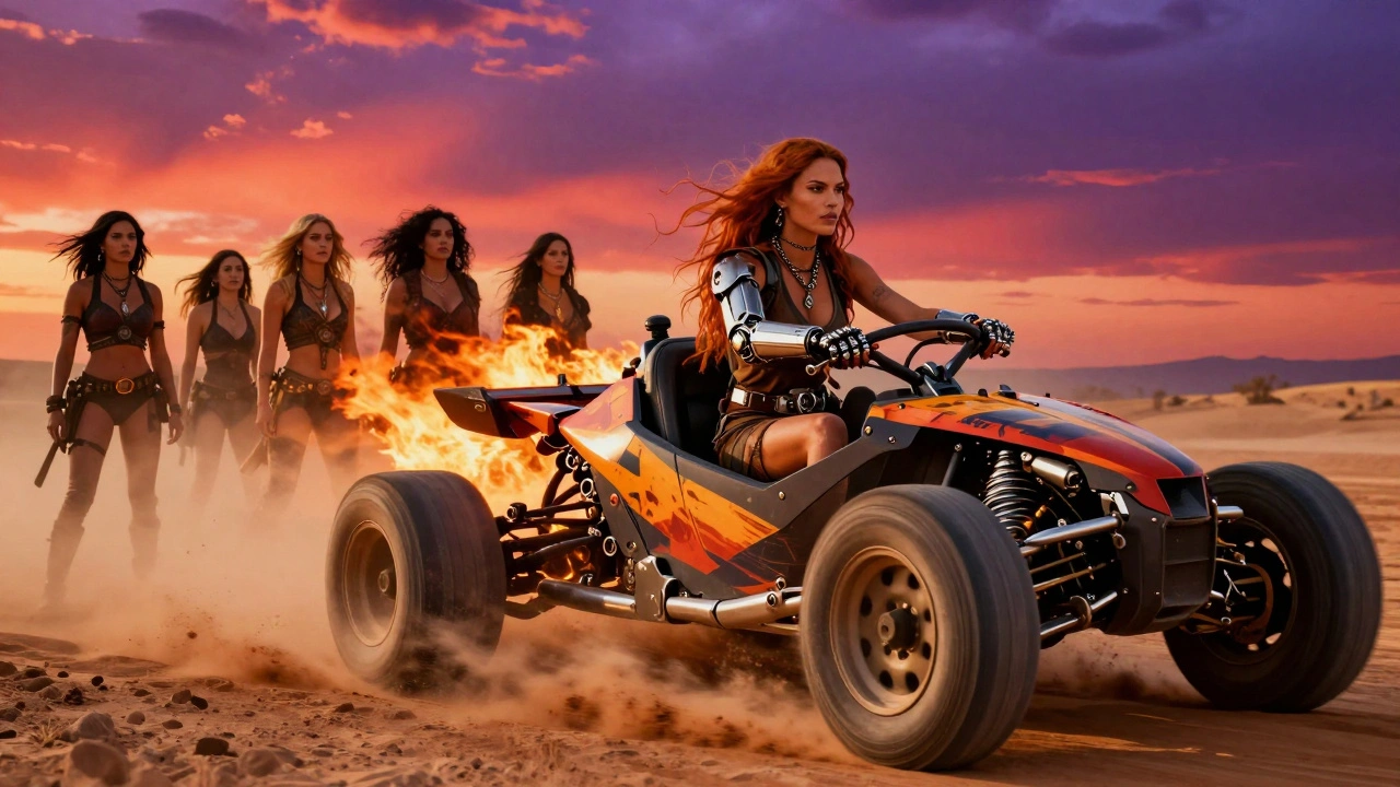 Furiosa driving the War Rig through a fiery desert sunset with determined women watching.