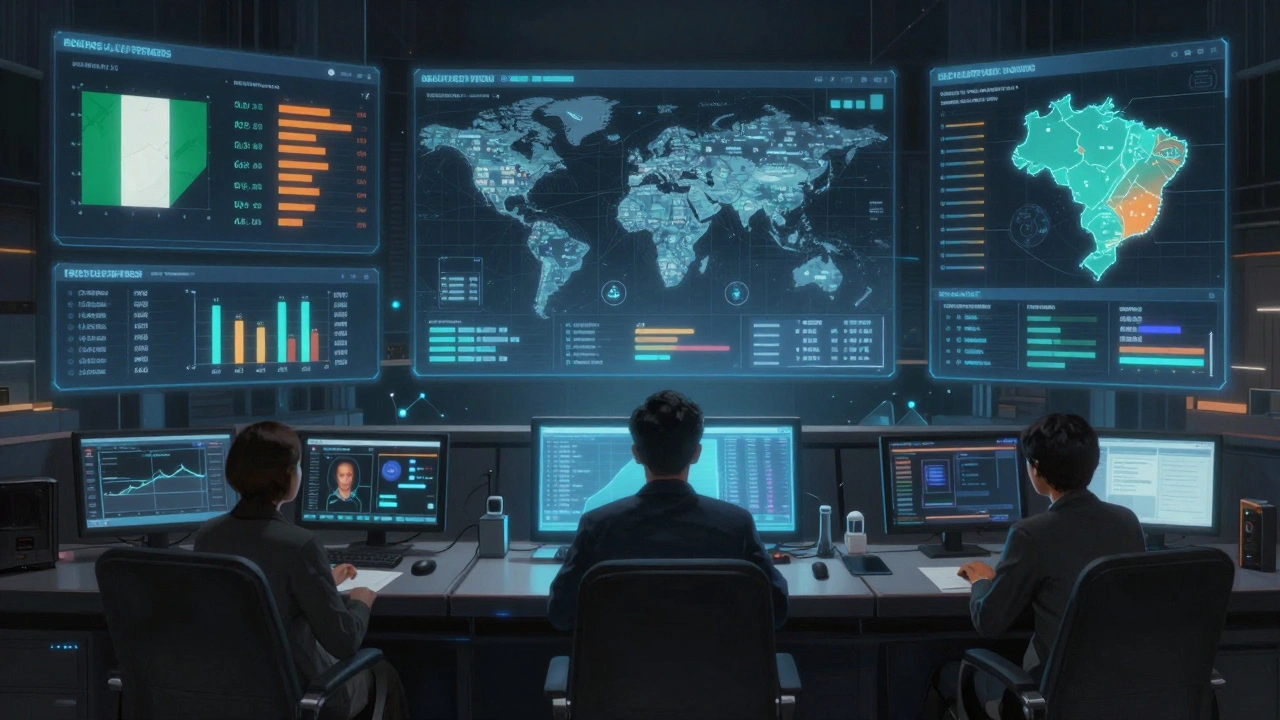 Futuristic studio control room with holographic global streaming data and a producer monitoring blockchain royalties.