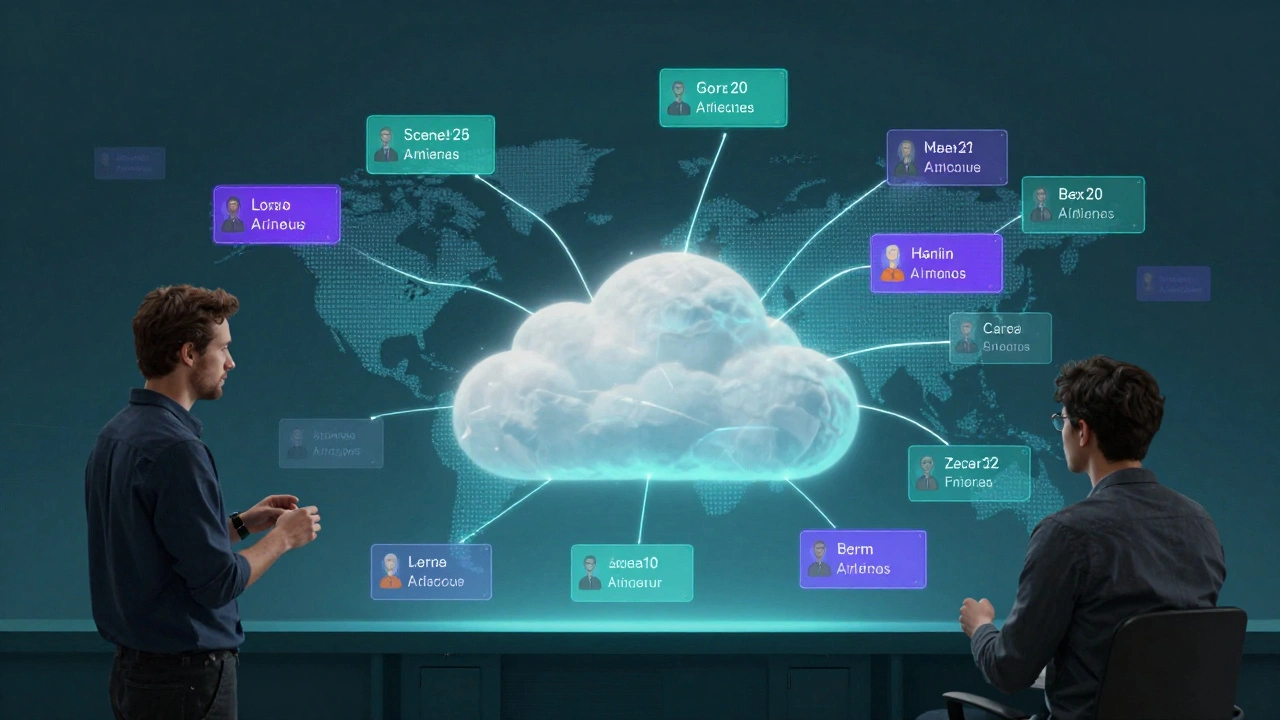 Global film team connected by digital threads to a cloud server, with floating metadata tags in a minimalist style.