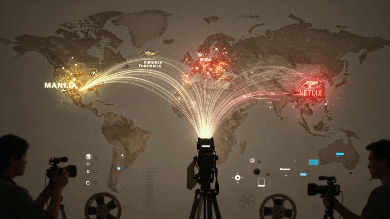 Global map showing film industry growth from Philippines and Indonesia to international platforms