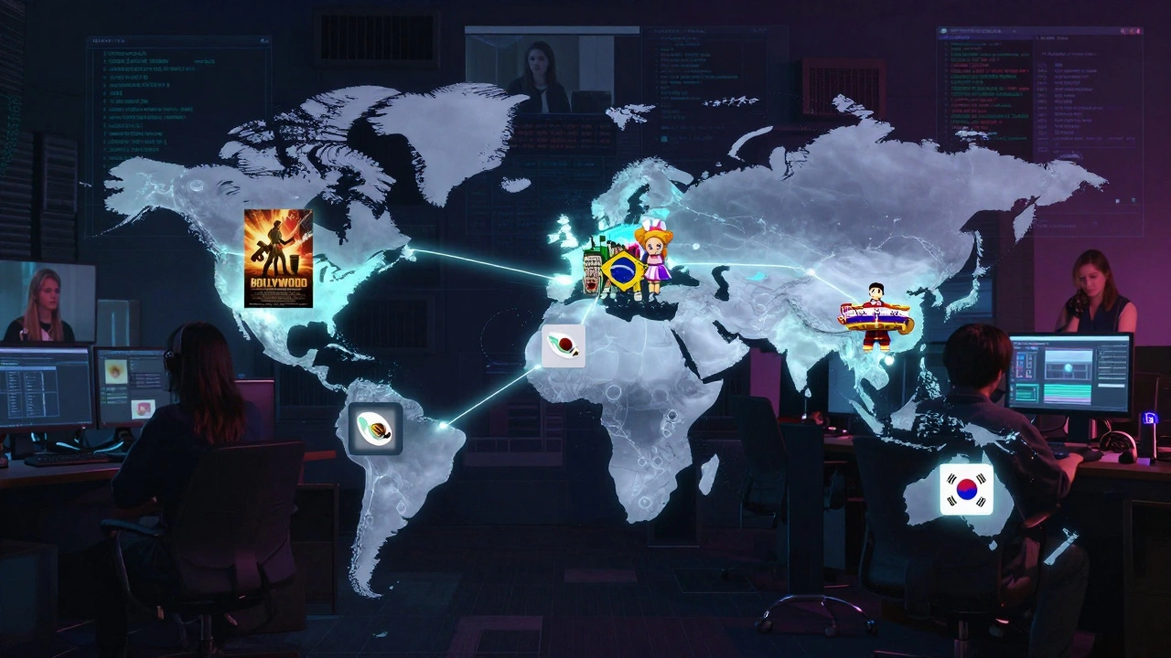 Global map with glowing connections to key streaming markets, surrounded by localized content symbols and editing teams.