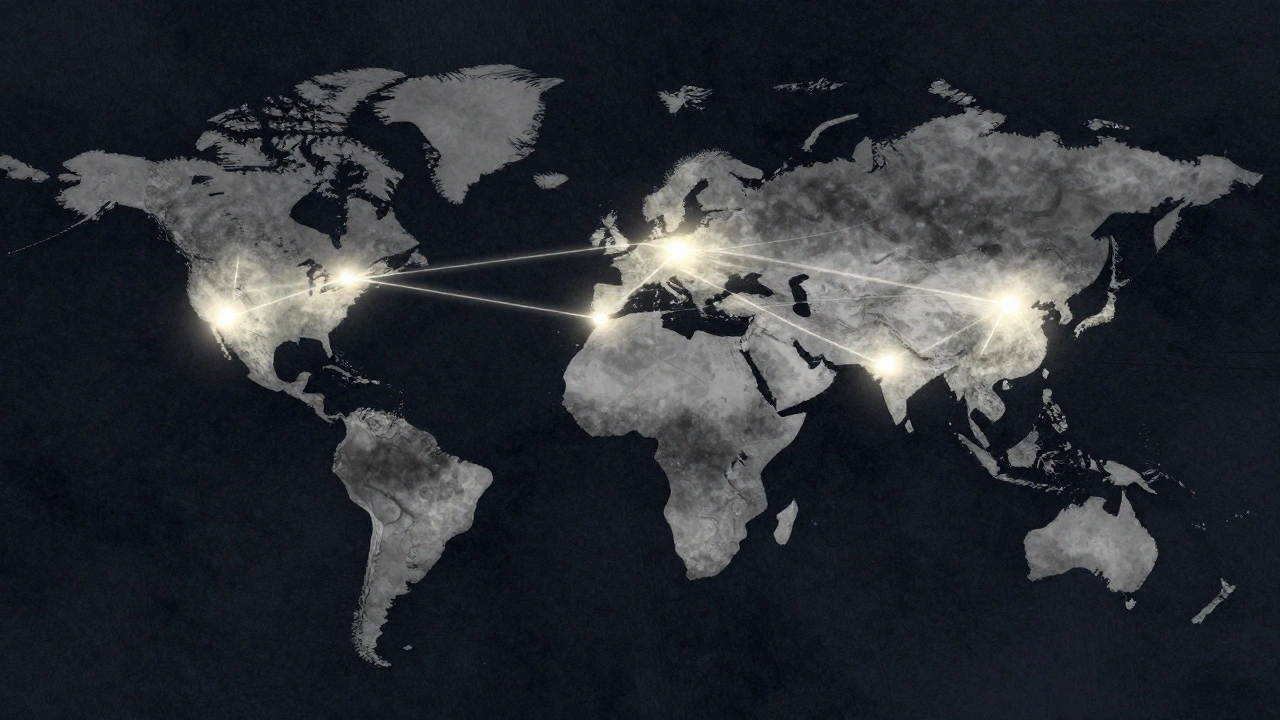 Global map with glowing streams of films connecting cities across continents at night.