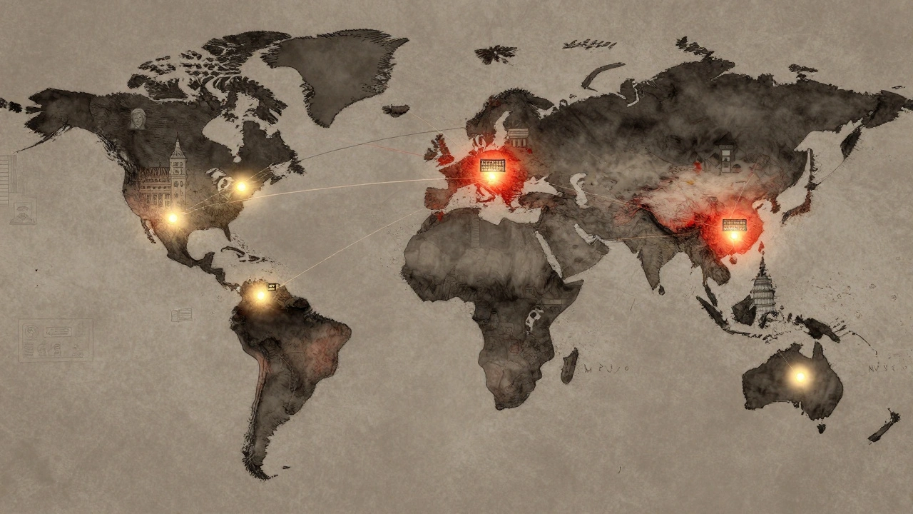 Global network of glowing points connecting major cities, representing international film campaign connections.