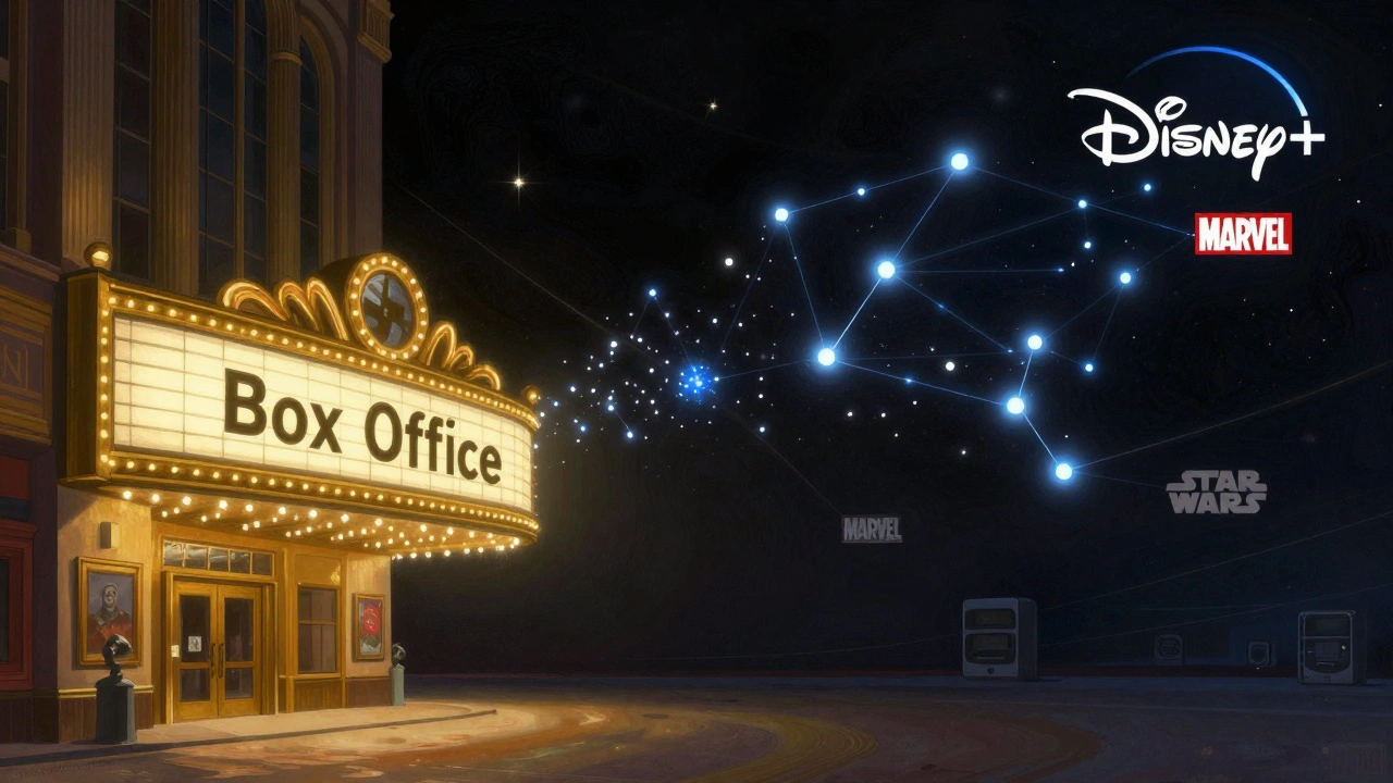 Golden theater marquee casting shadow over a glowing Disney+ constellation of Marvel, Star Wars, and Pixar logos in space.