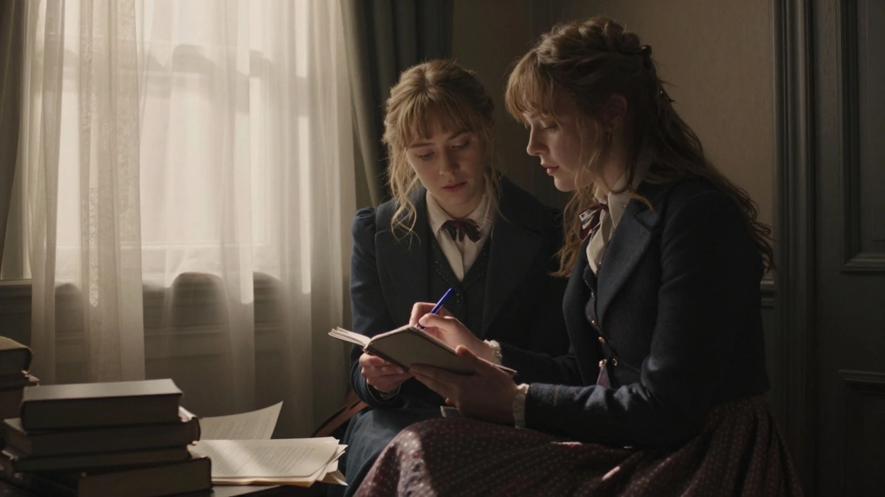 Greta Gerwig gives Saoirse Ronan a pen to rewrite her monologue on the 'Little Women' set.