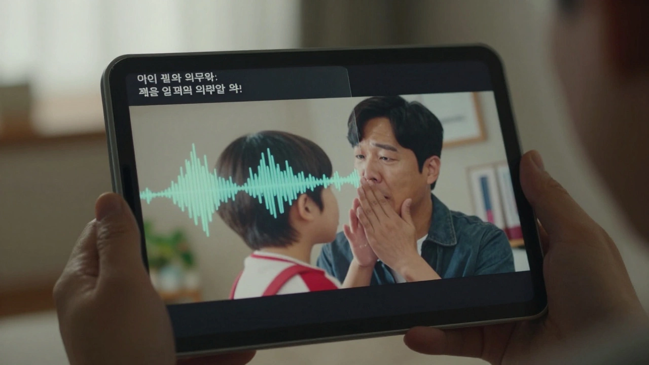 Hand holding tablet showing Korean drama scene with localized French version of the doll's voice, cultural consultant observing.