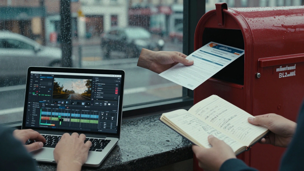 Hands typing on a laptop, submitting a film form, and holding a notebook filled with story ideas against a rainy city backdrop.