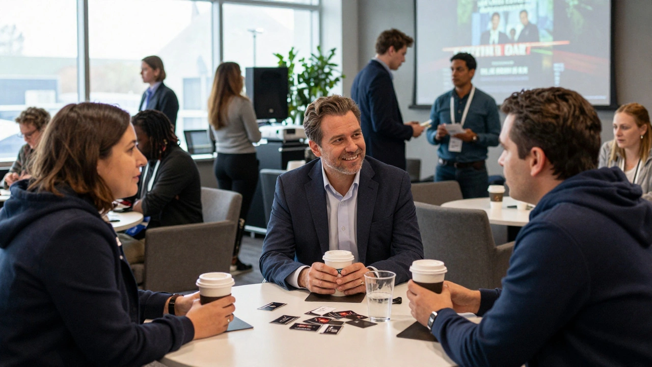 Industry professionals networking in the SXSW Film Lounge over coffee and business cards.
