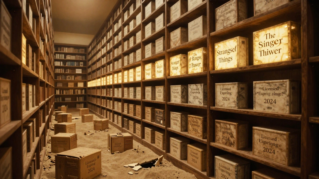 Infinite library with crumbling licensed content below and solid glowing originals above.