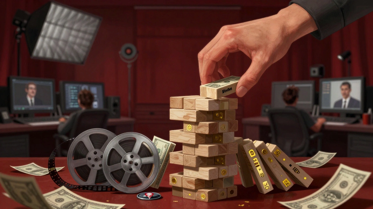 Jenga tower of film reels and money collapsing as a hand labeled 'Strike' pulls a block.