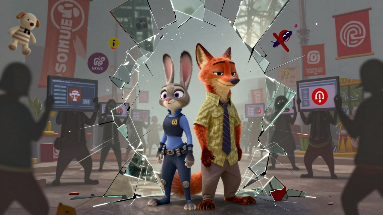 Judy and Nick standing before a fractured mirror reflecting societal divisions, with symbolic imagery of media and merchandise swirling behind them.