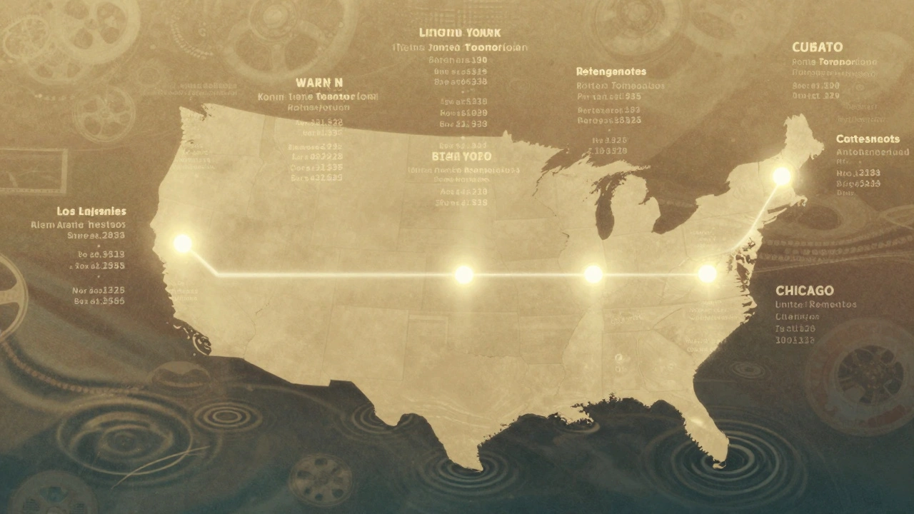 Map of the U.S. showing expanding theater locations as glowing ripples, symbolizing a film's gradual nationwide rollout.