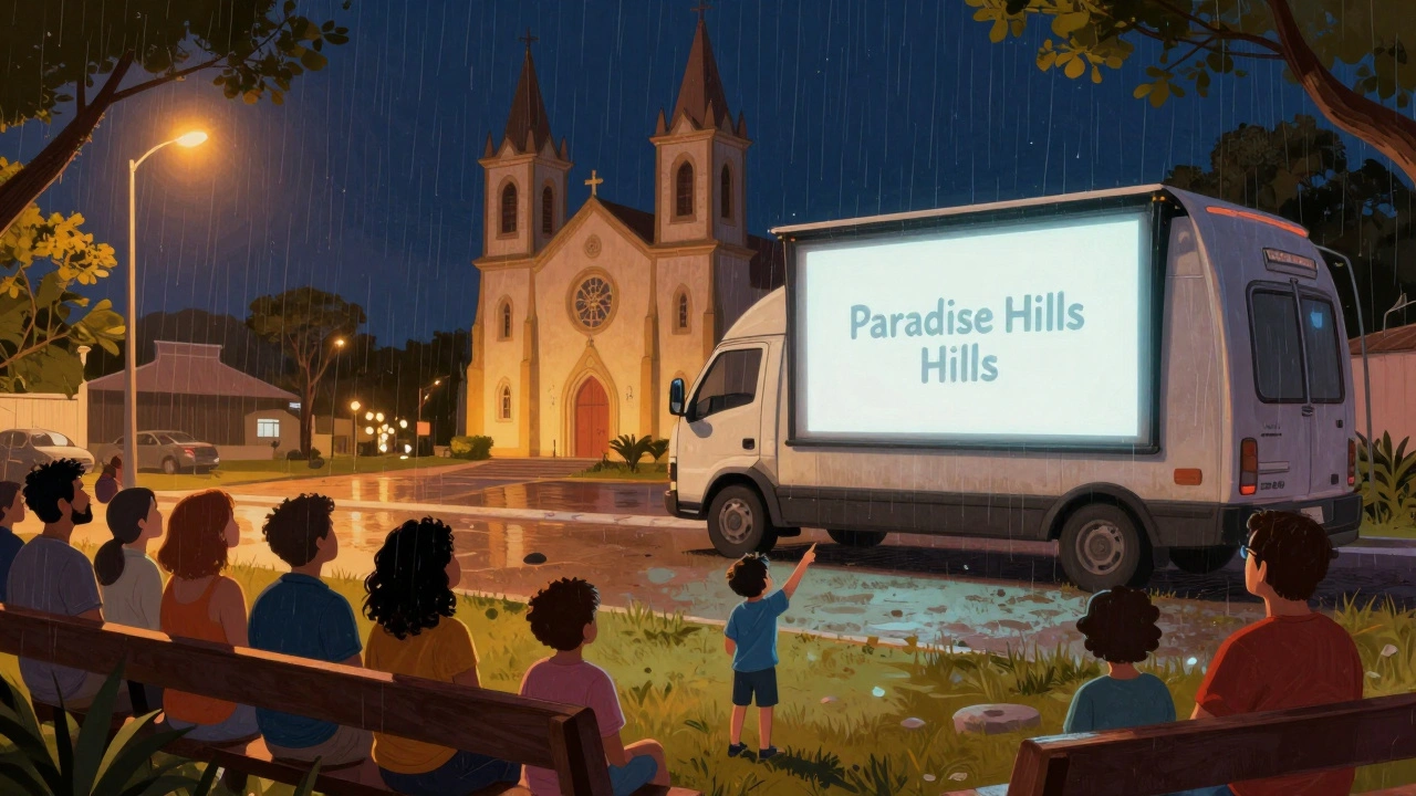 Mobile cinema projecting a film outside a church in Brazil, diverse audience watching under rain.