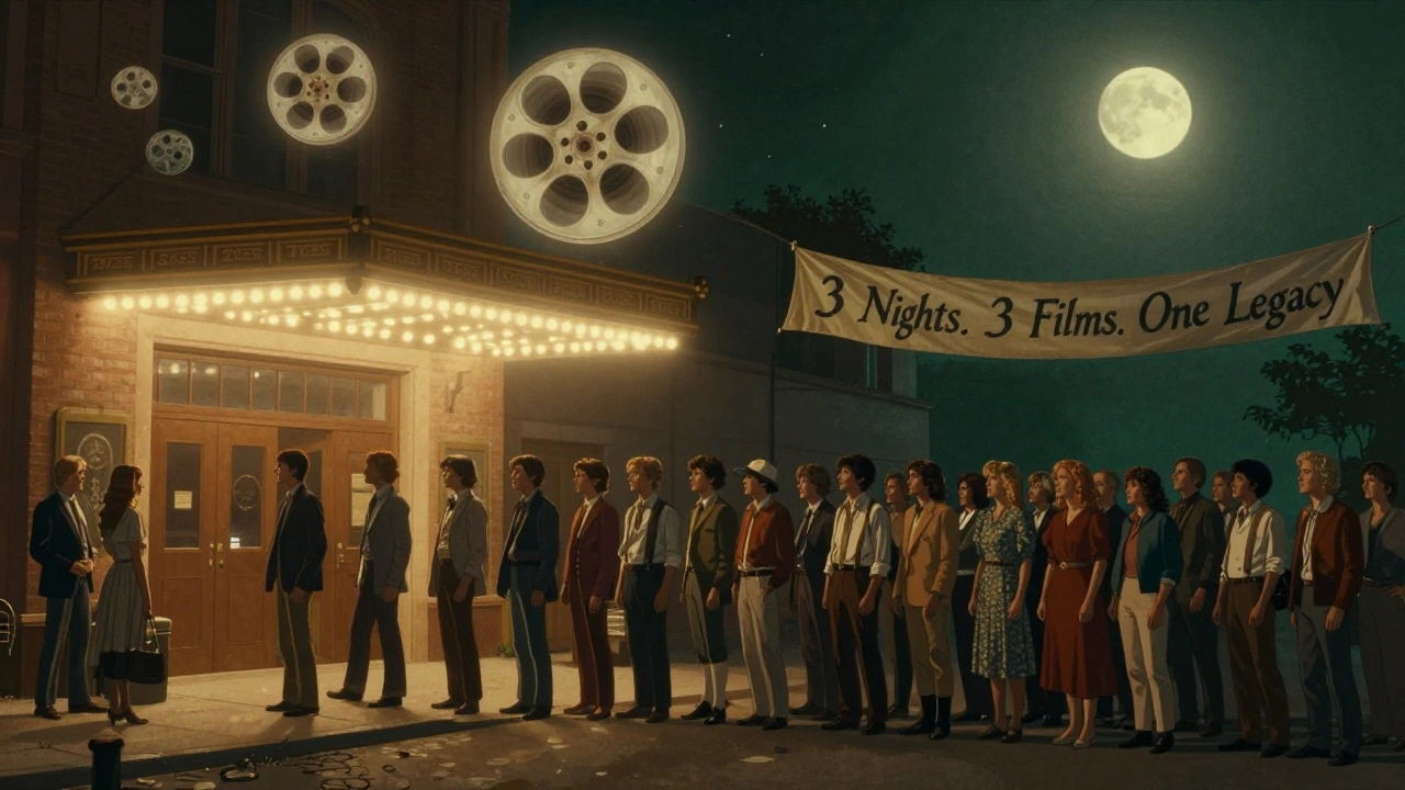 Moviegoers in 1980s clothing line up outside a theater for a three-night Lord of the Rings marathon.