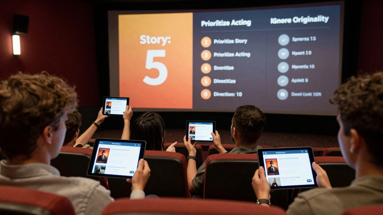 Moviegoers in a theater lobby viewing film review breakdowns on tablets, with filter options visible on a digital billboard.