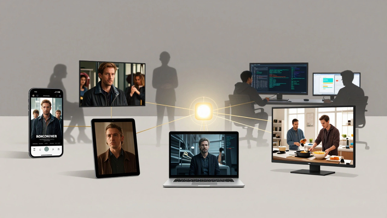Multiple screens displaying different films connected by threads to a central algorithmic node.