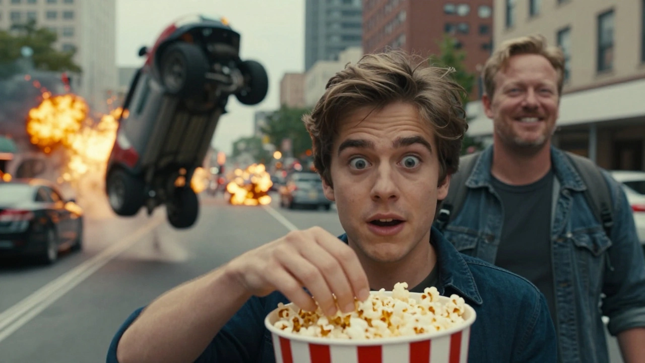 New viewer’s hand reaching for popcorn as chaotic action unfolds on screen, reflected in their wide eyes, with a fan smiling nearby.