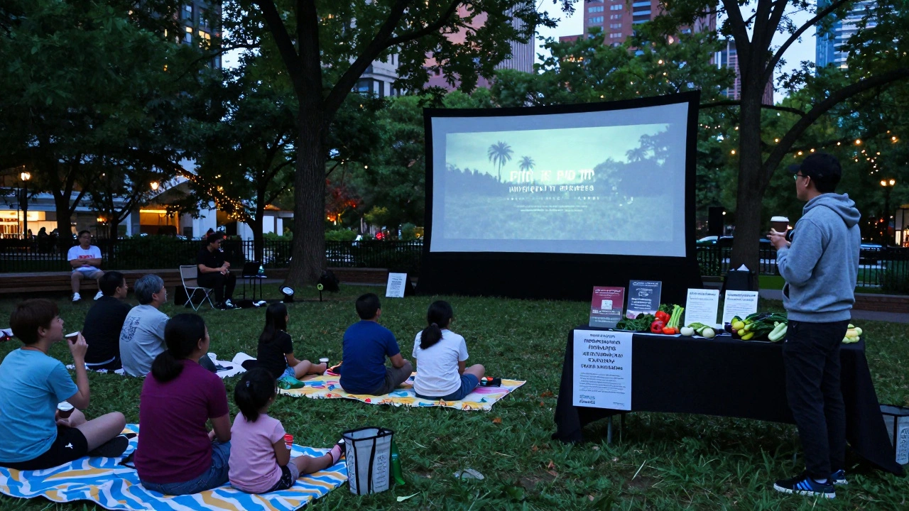 Outdoor community film screening in a park at dusk, families on blankets, filmmaker displaying local produce beside the screen.