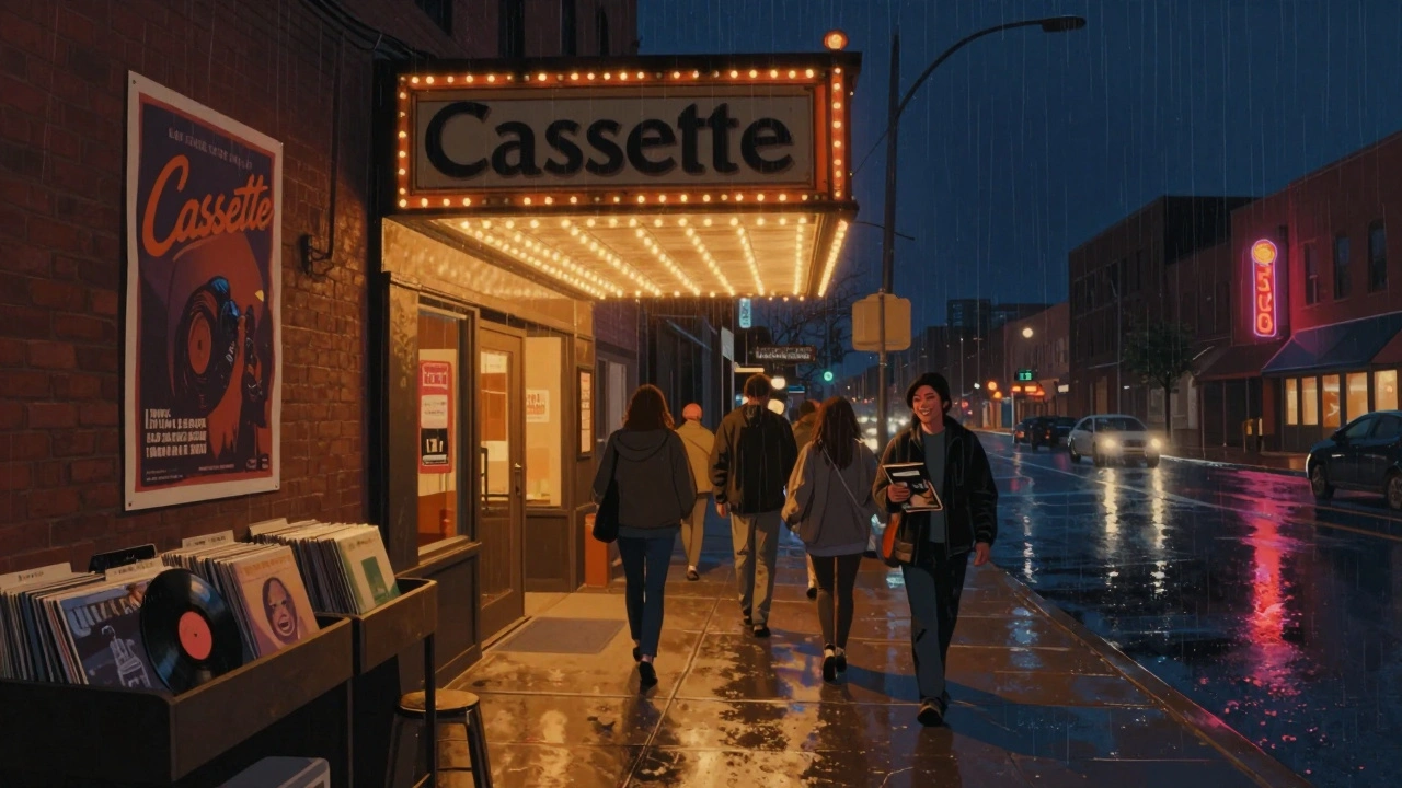 People exit a Detroit theater after a film screening, heading toward a record store with vinyl records displayed outside.