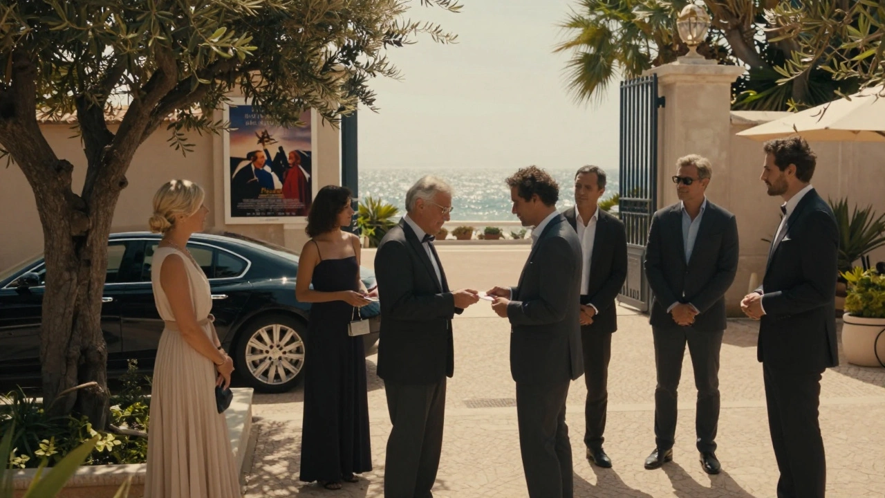 Producers exchange business cards in a sunlit Cannes courtyard with the Mediterranean in the background.