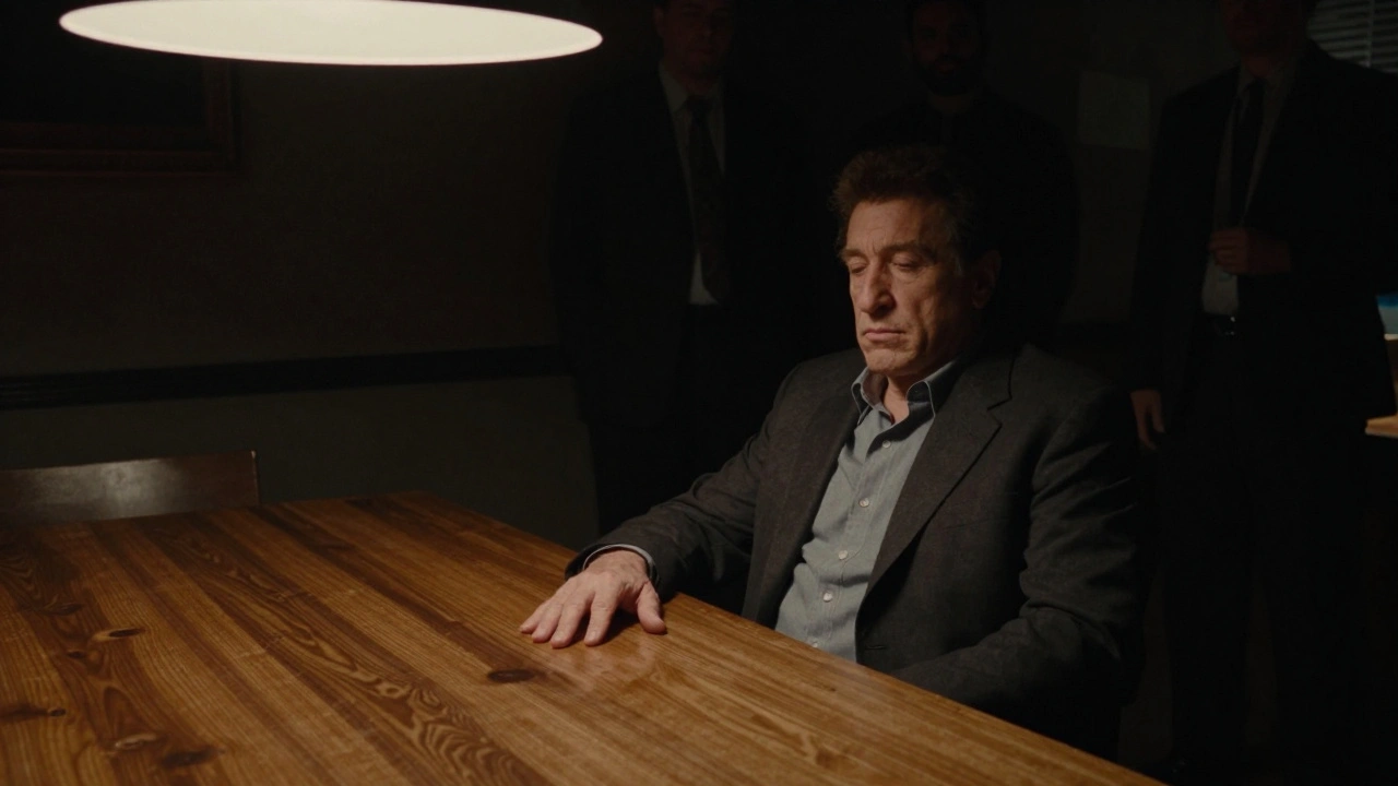 Robert De Niro sits in profound silence after a murder in 'Goodfellas,' the crew watching in awe.