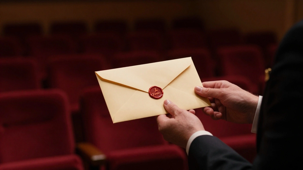 Sealed Oscar envelopes held by hands under a spotlight