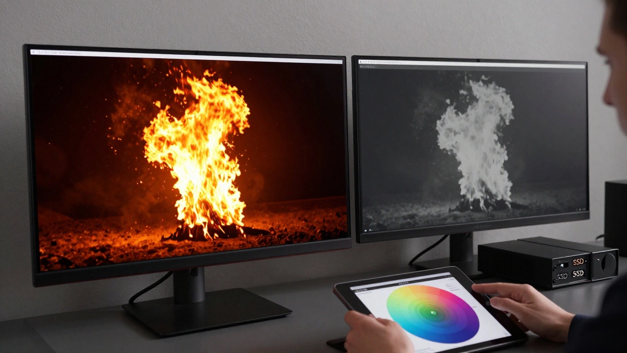 Side-by-side HDR and SDR shots on a calibrated monitor, with a colorist adjusting tones.