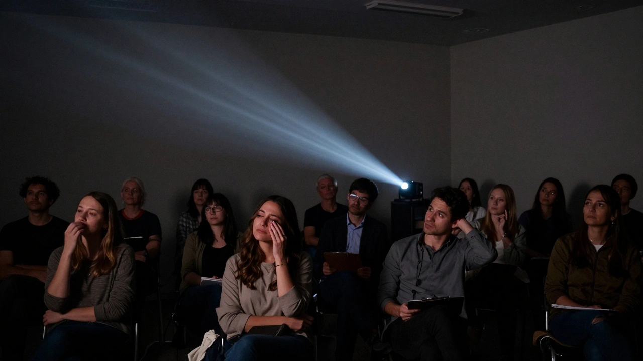 Small audience watching an indie film projected on a wall in a community center.