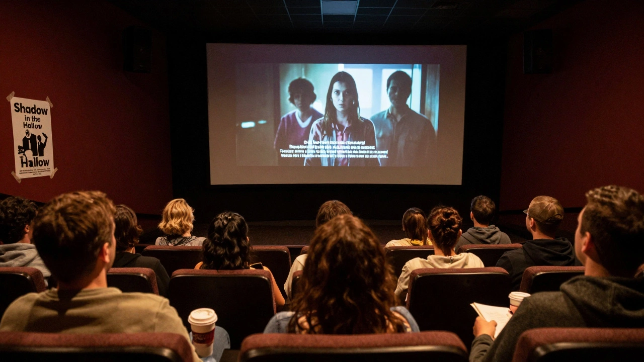 Small theater screen showing indie horror trailer with few audience members seated.