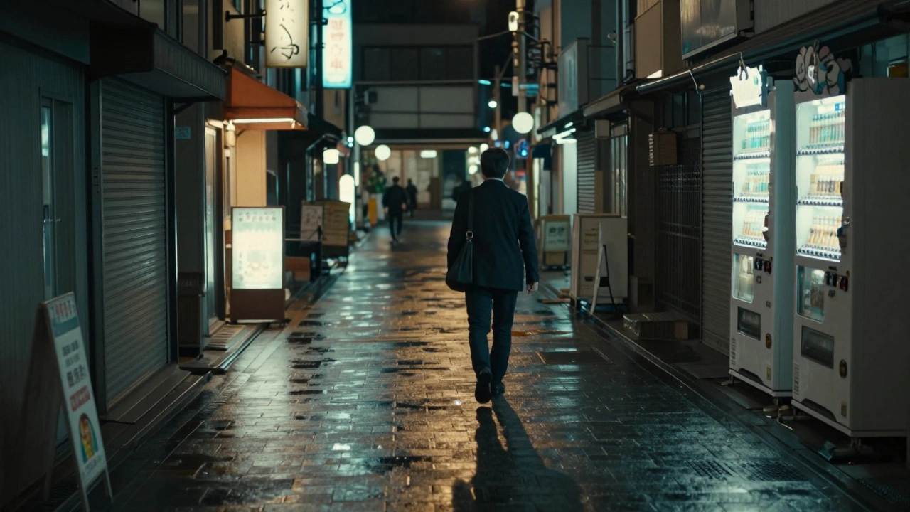 Solitary man walking through rainy neon-lit streets of Osaka at night
