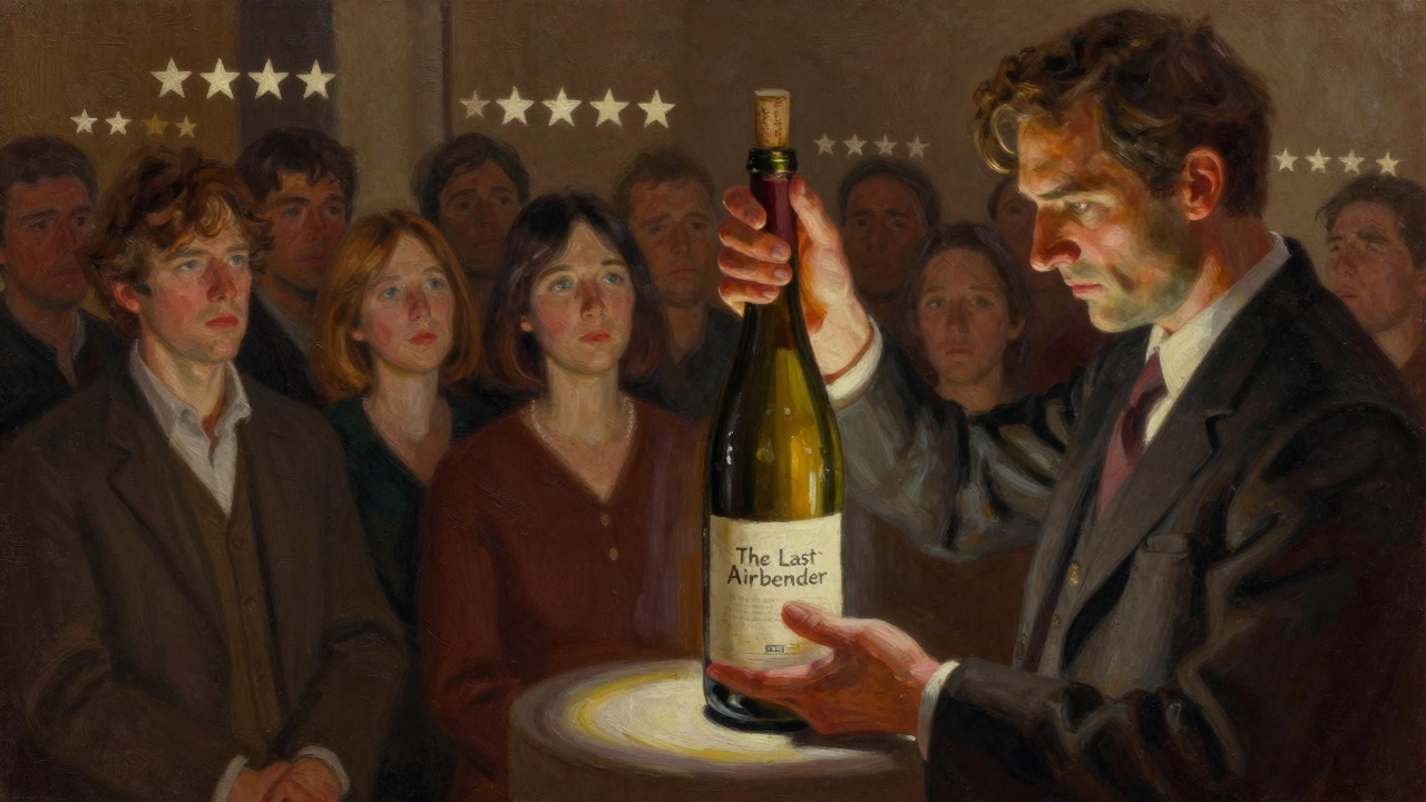 Sommelier examining film labeled 'The Last Airbender' as crowd turns away