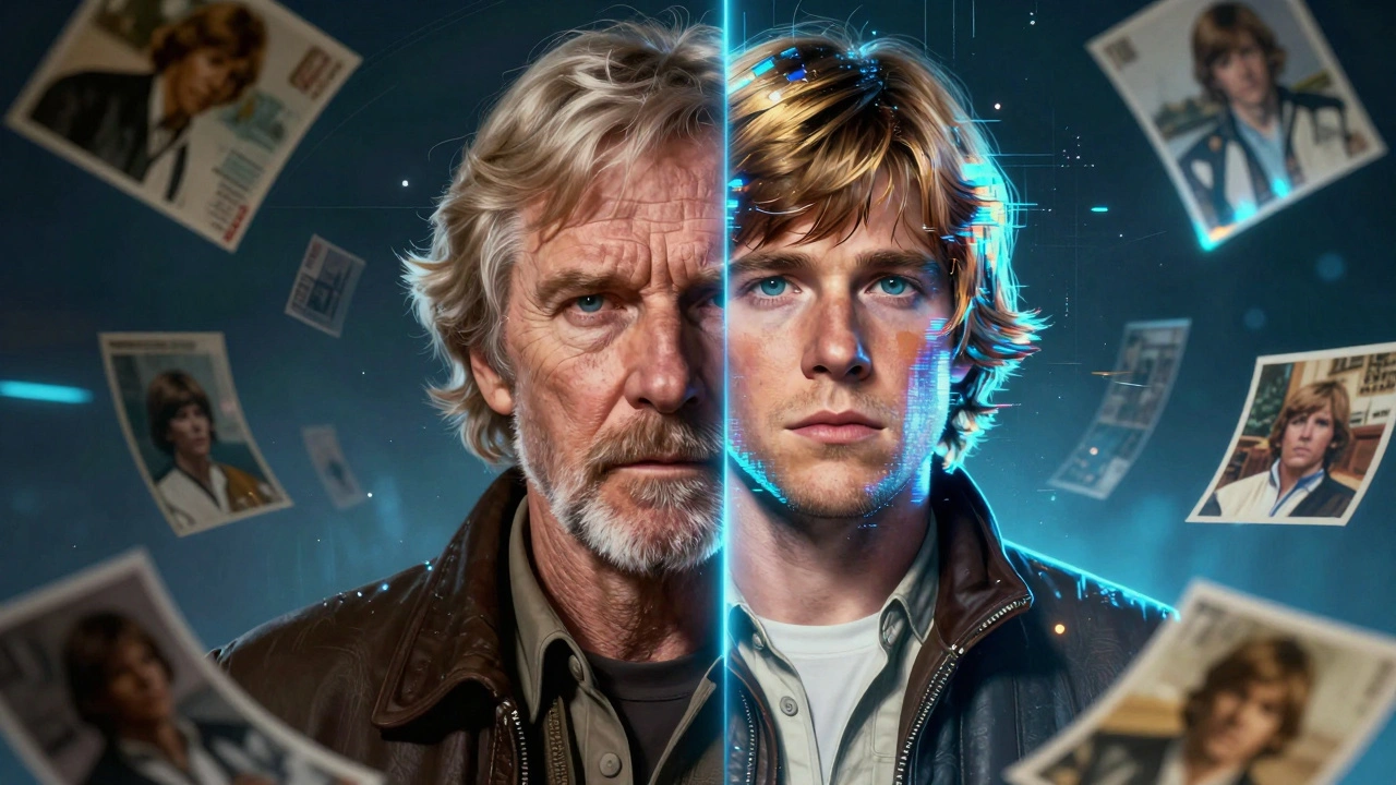 Split-face visual: aging actor on one side, youthful digital version on the other, surrounded by floating archival photos.