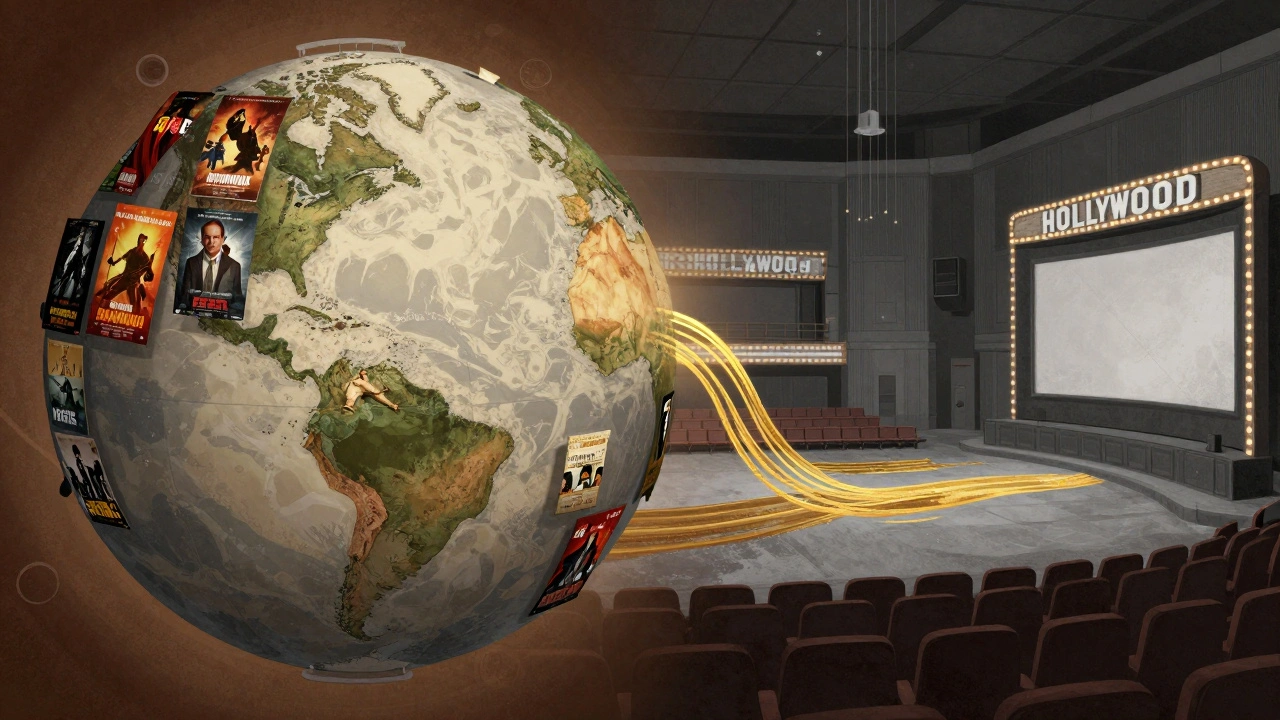 Split globe showing thriving local cinemas in China and India versus declining Hollywood studio lot.