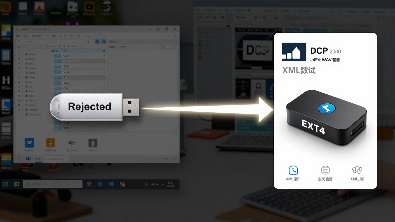 Split image: chaotic MP4 files on left, organized DCP files on right, symbolizing correct vs. rejected formats.