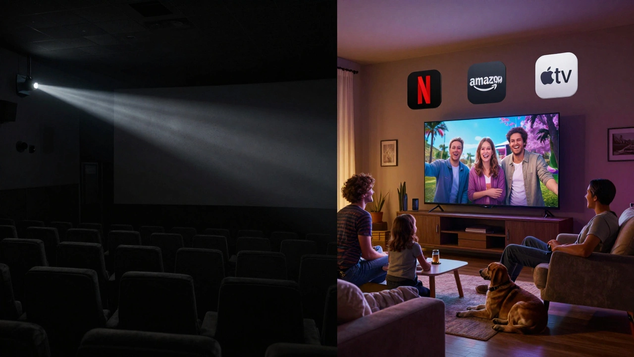 Split scene: empty theater versus family watching film at home, showing shift in audience experience.