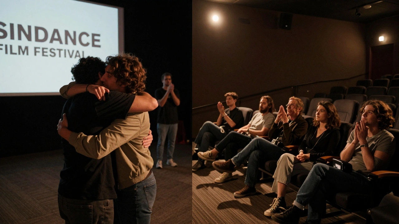 Split scene: Sundance standing ovation on one side, five viewers transfixed in an empty Texas theater on the other.