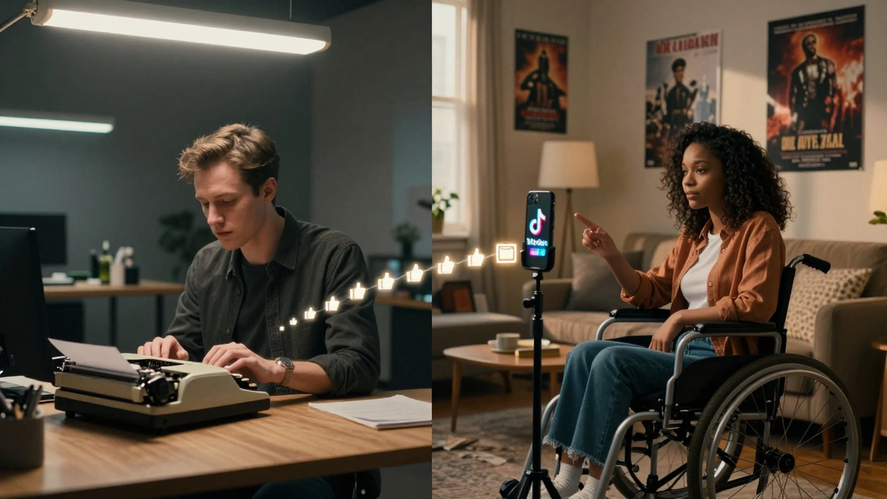 Split scene: traditional critic in office vs. independent critic recording a video review at home.