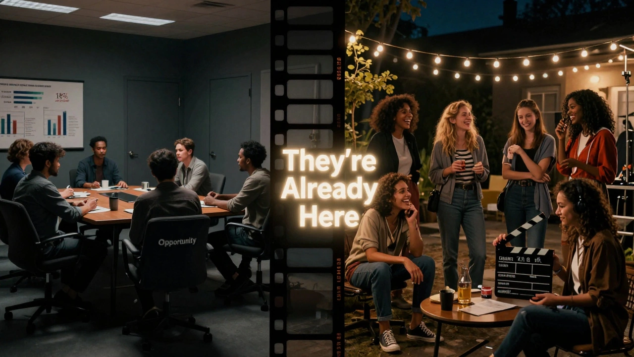Split-screen: left shows a male-dominated boardroom with low stats; right shows a vibrant indie film set with women working.