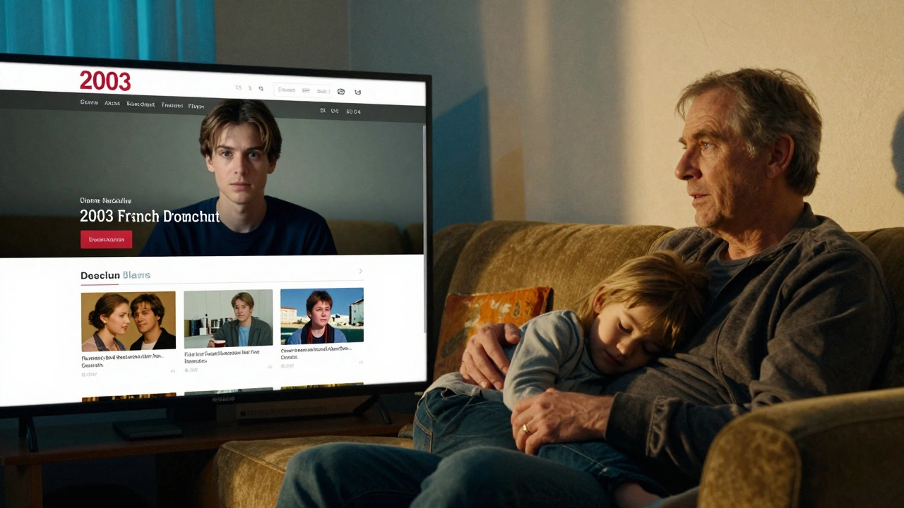 Split-screen of a person discovering a foreign film as a young adult, then rewatching it with a child years later.