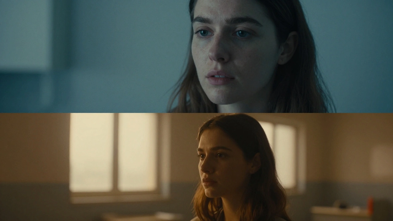 Split-screen of a woman’s face: sharp spherical close-up above, dreamy anamorphic memory below with soft flares.
