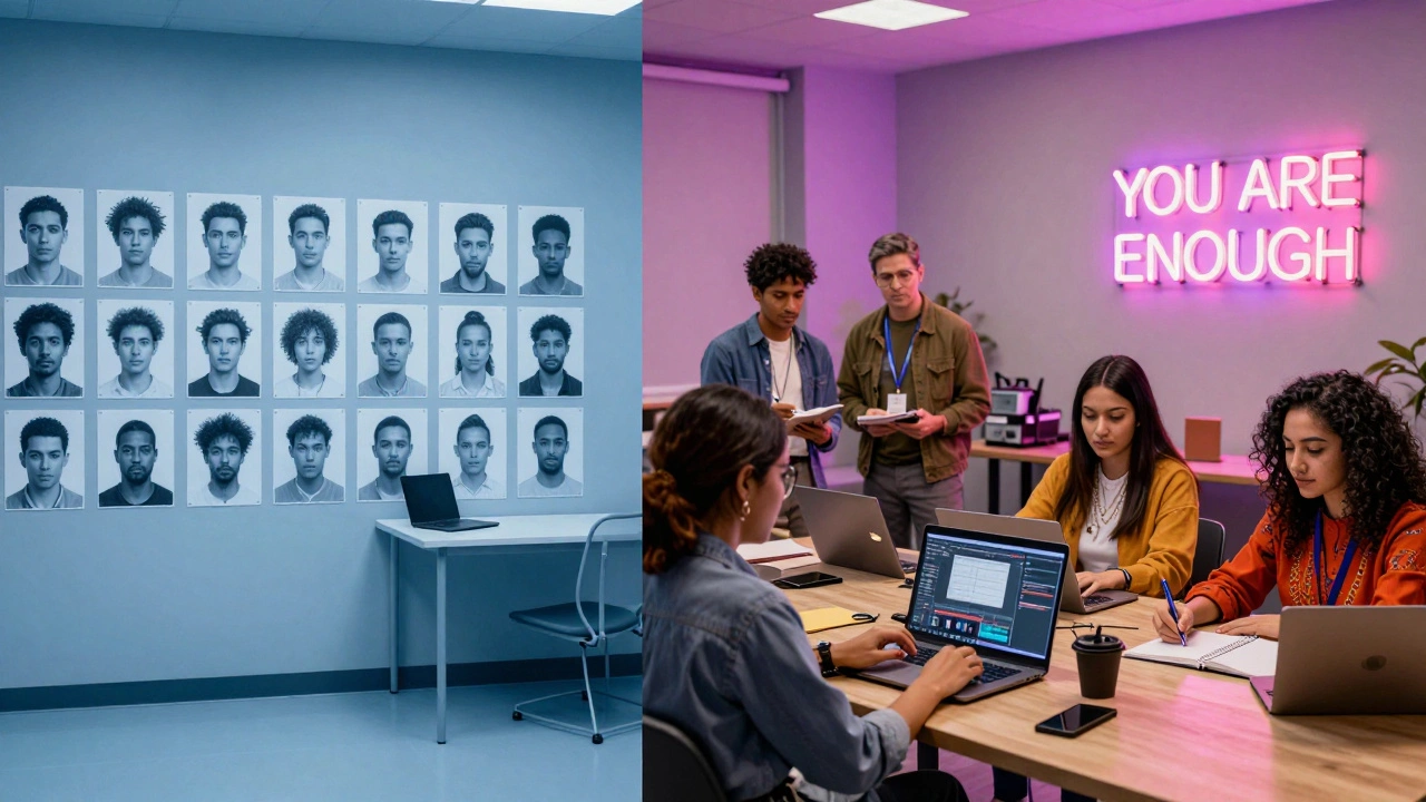 Split-screen: sterile Hollywood casting room versus vibrant community film lab with marginalized creators collaborating.