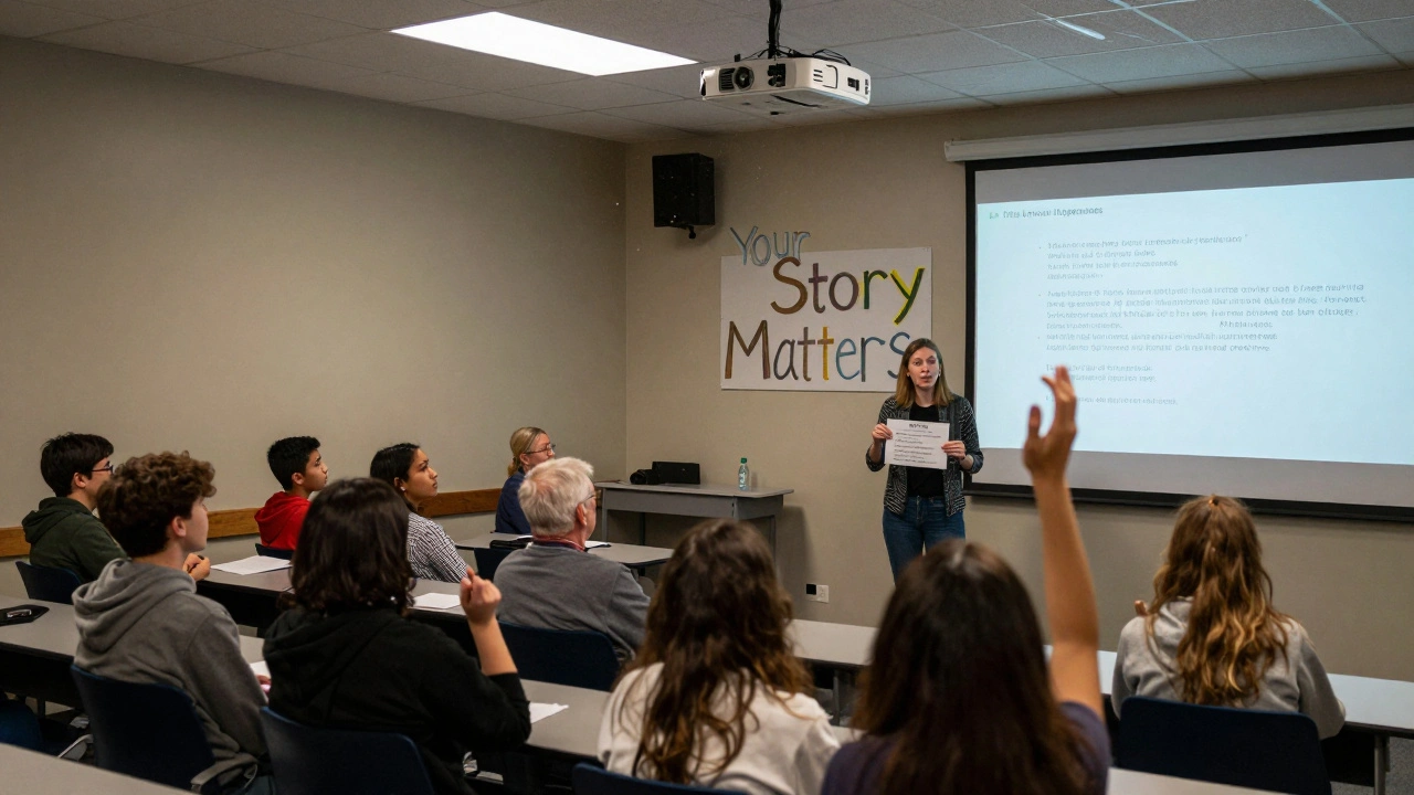 Students and seniors in a high school auditorium discussing a mental health documentary, teacher holding a question card.